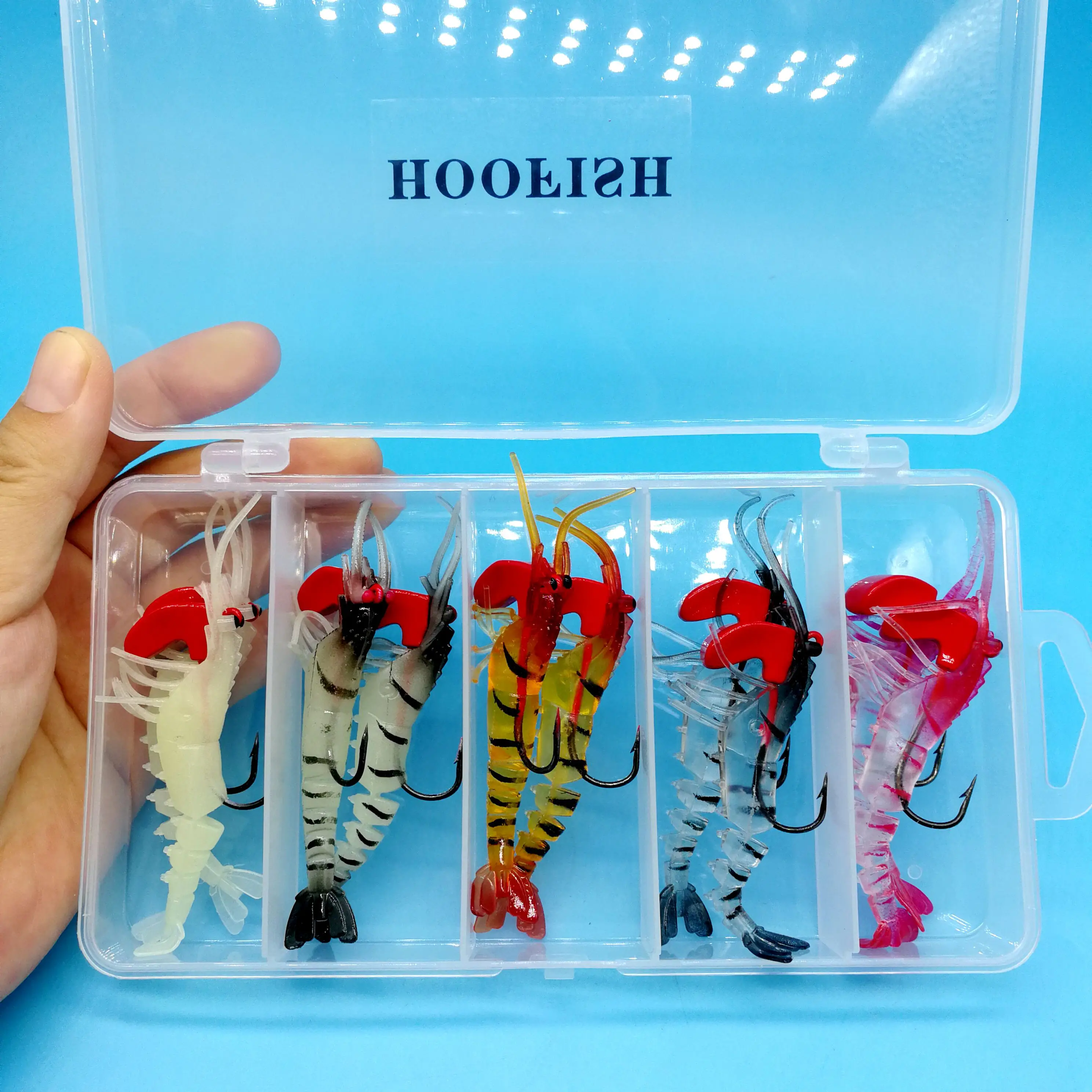 

HOOFISH 10PCS+1BOX/LOT 90mm Artificial soft shrimp with Crank hook Segmented shrimp with luminous eyes soft lure
