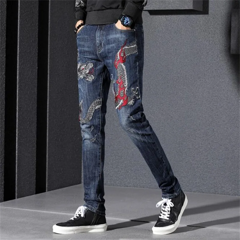 Новые джинсы мужские брюки-карандаш с вышивкой Slim Fit облегающие мужские джинсы модные джинсовые брюки; ;#7766