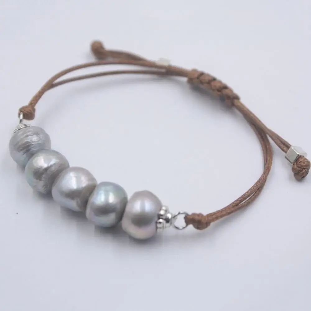 

New 11-12mm Baroque Freshwater Pearl with Wax Cord Bracelet Adjustable For Woman 6 Styles