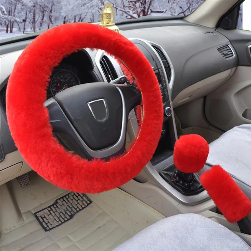 

Universal Steering-wheel Plush Car Steering Wheel Covers Winter Faux fur Hand Brake & Gear Cover Set Car Interior Accessories