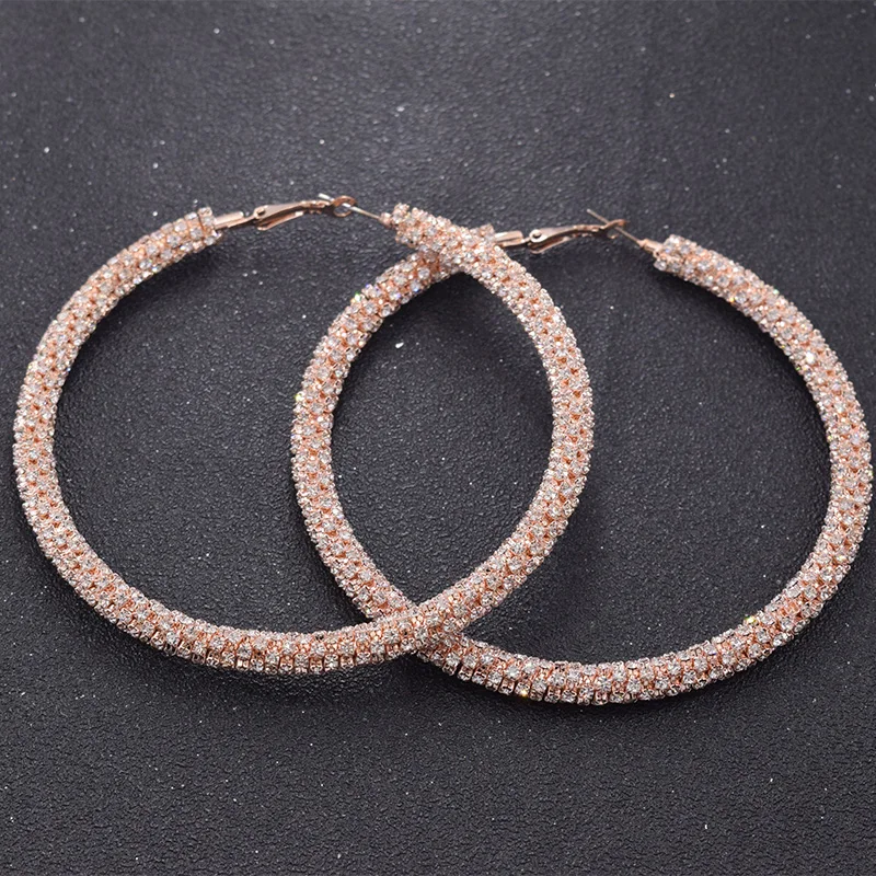 Rose gold Модные 9 см все стразы кристалл большие серьги круглые большие круглые серьги петли для женщин ювелирные изделия - Цвет: Rose gold