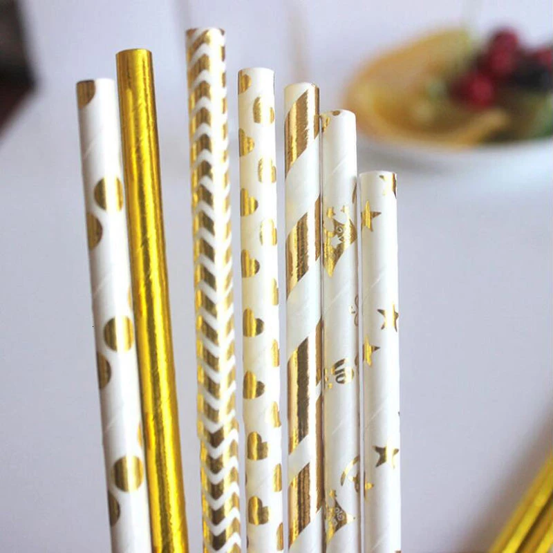 25 шт Металлические золотые Полосатые Бумажные соломинки, покрытые золотой фольгой, одноразовые бумажные соломинки различных типов, разлагаемые бумажные соломинки из золотой фольги
