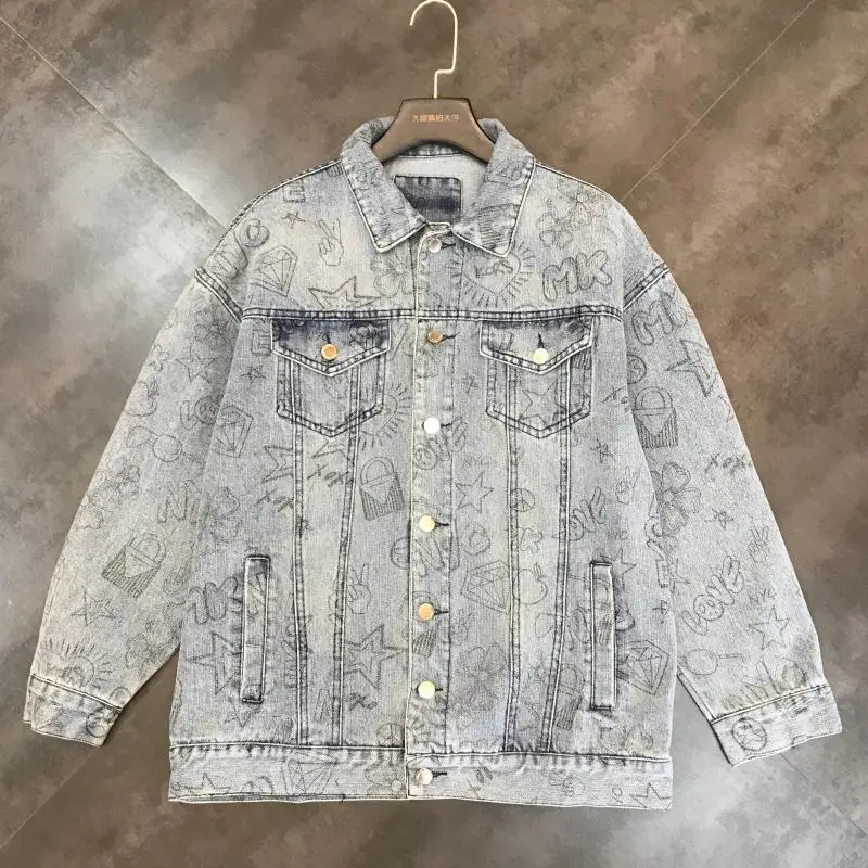 

2019 autumn new English alphabet graffiti printing double pocket denim short jacket