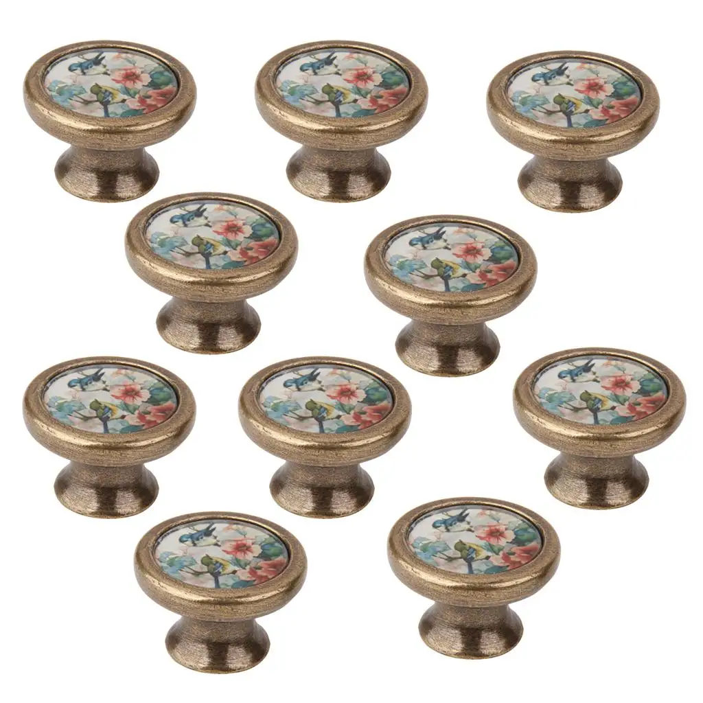 10Pcs Vintage Brass Wardrobe Drawer Door Cupboard Pull Bin Retro Handle Knob Birds and Flower Pattern