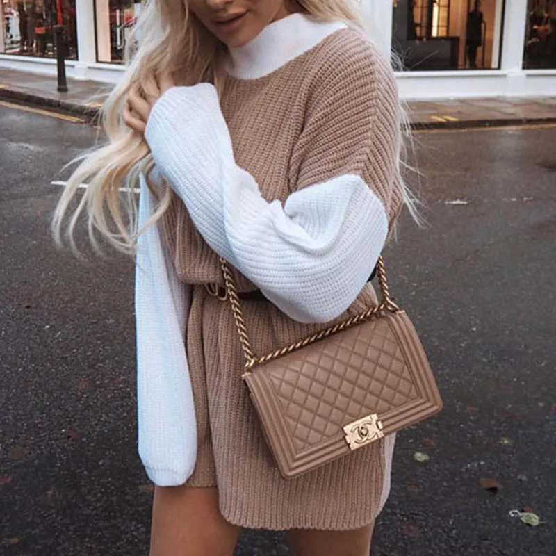 Khaki NORMOV New Autumn Winter Women Warm Long Sweater O-Neck Patchwork Batwing Sleeve Knitted Cotton High Street Pullovers Sweater - Цвет: Khaki