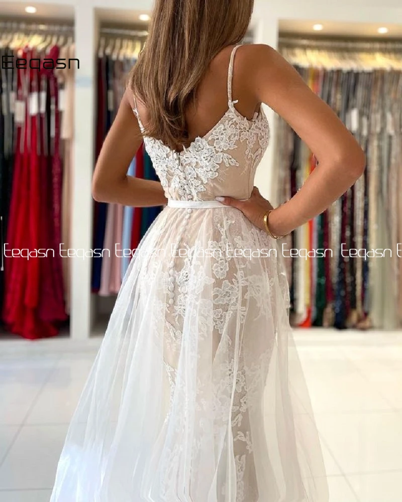 2021 Champagne Mermaid Prom Dresses Plus Size Lace V Neck Evening Gowns Attachable Overskirt Sexy Formal Gown robe de soiree plus size prom dresses