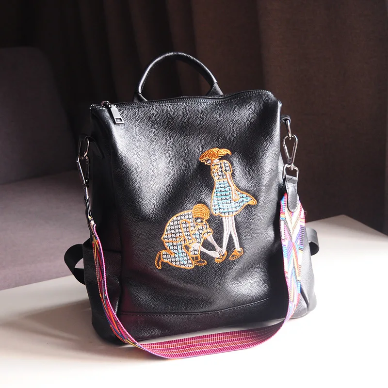 

Special Embroidery Women's Bag with one Strap Shoulder Bag School Bags Backpack for Girl Highest Quality Genuine Cow Leather