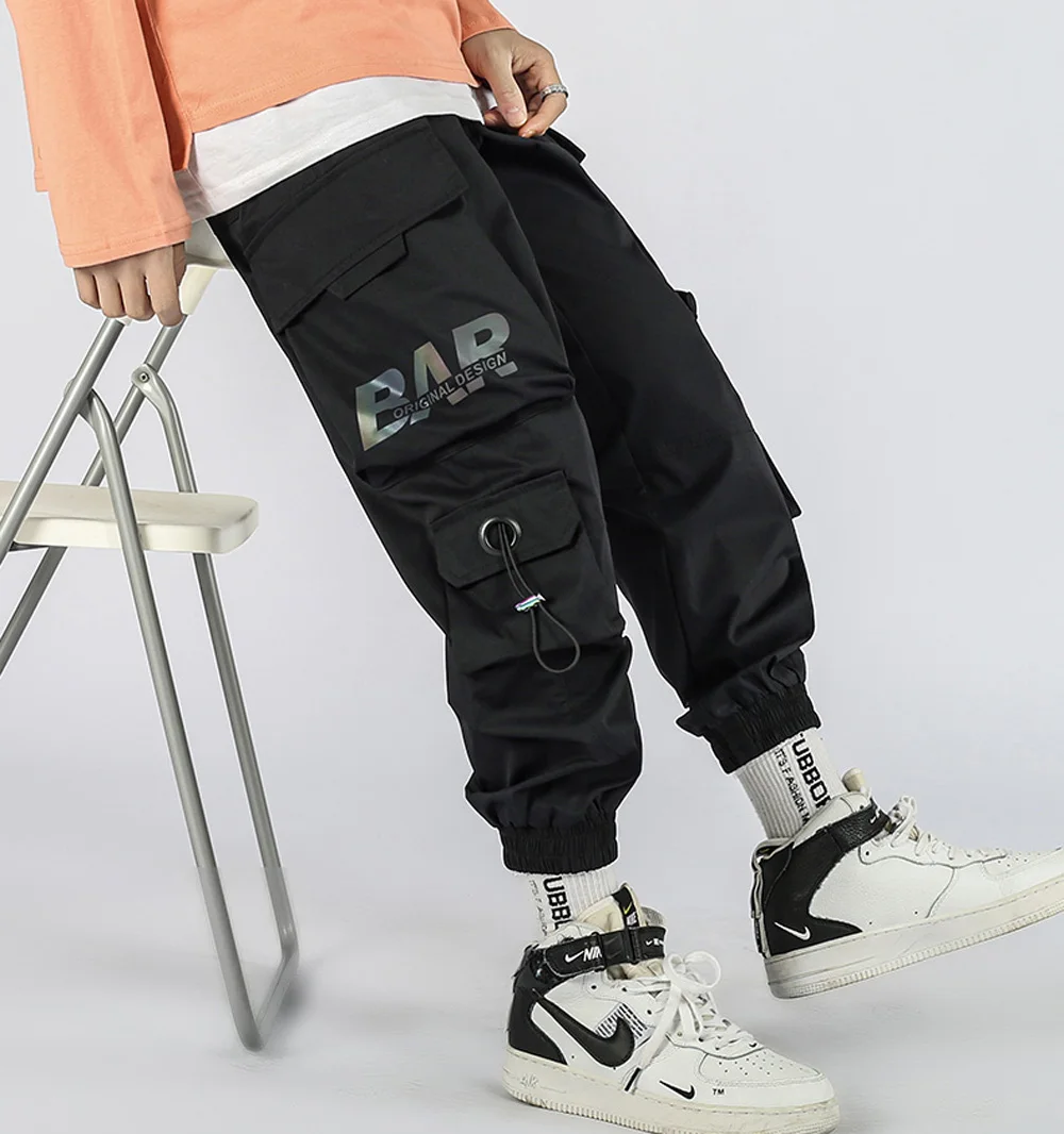 Men Cargo Pants Black Ribbons Block Multi-Pocket Harem Joggers Harajuku Sweatpant Hip Hop Casual Harem Tide Male Trousers cargo jeans