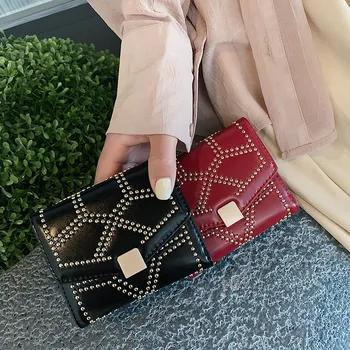

European and American retro solid color studded small wallet female short section simple square buckle card bag leather