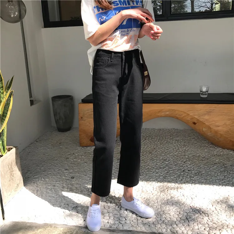 Black High Waist Jeans Women Ankle-length Solid Simple All Match Harajuku Vintage Womens Trousers Korean Fashion Females Pockets