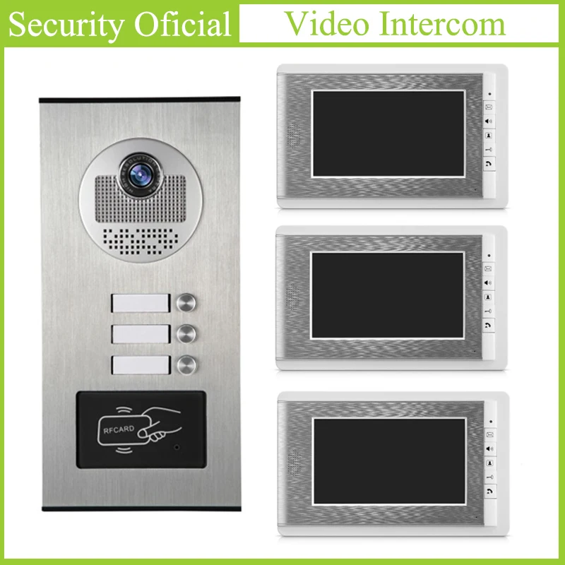 Video Intercom Kits Waterproof Outdoor Station 4-Wire 7 Inch LCD Color Monitor Video Door Phone Intercom System for 3-apartments