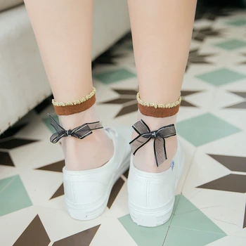 

Bow Tie Harajuku Cute Socks Glitter Mesh Silk Ribbon Butterfly Sexy Hot Transparent Crystal Glass Elastic Bow Knot