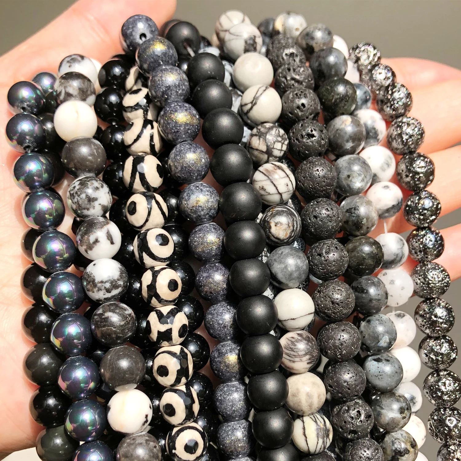 Natural Stone Beads Black Hematite Zebra Jespers Round Spacer Beads for Jewelry Making DIY Bracelet Necklace Accessories 15''