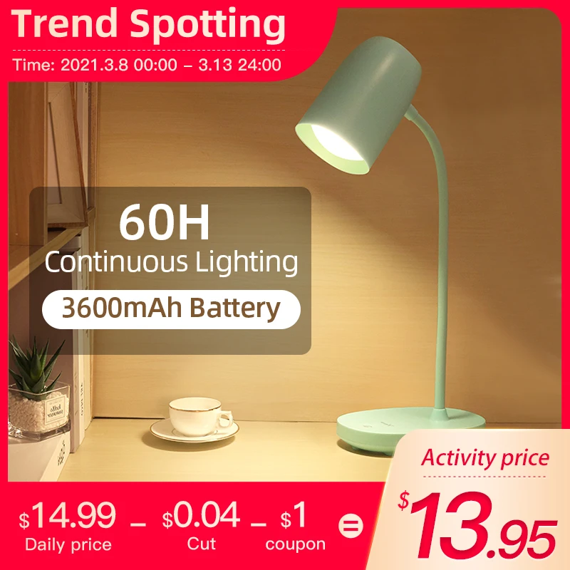 YAGE Desk Lamp 3600mAh Rechargeable Battery Eye Protection 3 Mode Lighting Brightness USB Learning Table Night Light for Study
