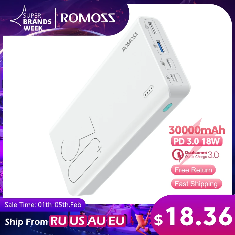  ROMOSS Sense 8 + внешний аккумулятор Пауэр банк 30000 мАч QC PD 3,0 Быстрая зарядка Повербанк 30000 мАч портативное Внешние аккумуляторы для Xiaomi Mi 
