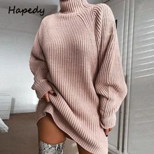 HAPEDY Осень Зима Водолазка с длинным рукавом свитер платье для женщин свободная туника трикотажная Повседневная розовая серая одежда одноцветные платья