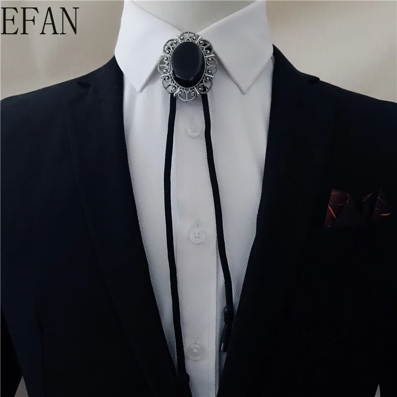 Фото Боло галстук ретро цепь рубашка овальная имитация обсидиан Пуаро Led Веревка Кожа