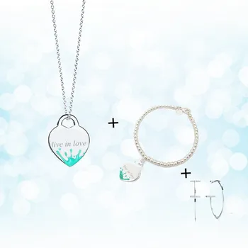 

Sterling silver 925 classic popular original fashion blue watercolor heart-shaped charm ladies necklace three-piece jewelry