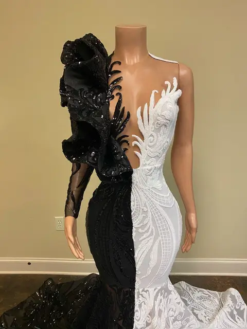 Sequined White Prom Dresses 2021 Formal for Black Girls Mermaid One Shoulder Long Sleeveve Rufflues African Evening Gowns 2