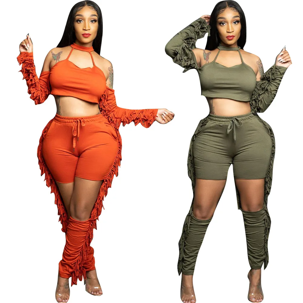 Fall Tassel Splicing Women's Set Draped Long Sleeve Crop Tops and Cut Out Pants Tracksuit Two Piece Set Fitness Outfits summer tracksuit solid color v neck men short sleeve t shirt drawstring pockets shorts for fitness
