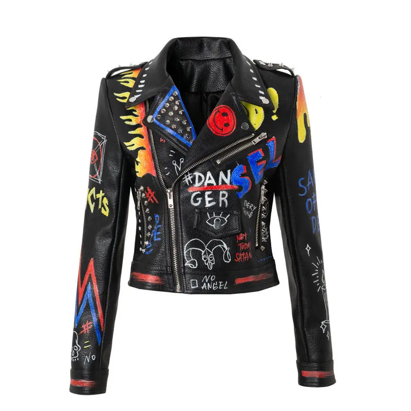 

Spring and Autumn Women Punk Rock Leather Jacket with Belt Rivet Funny Printing Clowns Graffiti Motor Biker Clothing