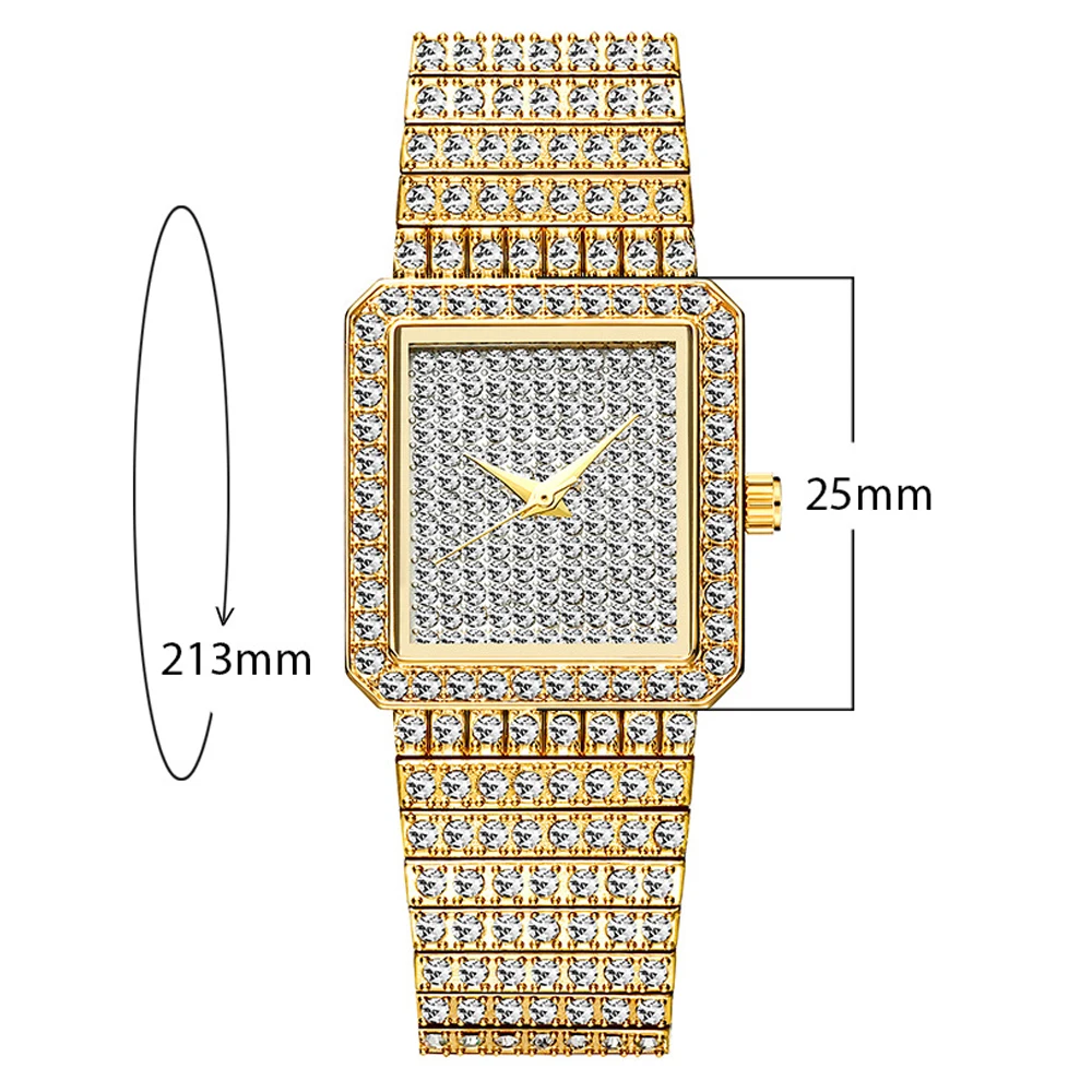 drop shipping bling diamonds watch for women hip hop womens quartz watches ice out 18k gold plated ladies wristwatches female clock stainless steel bracelet square case watches free shipping(19)