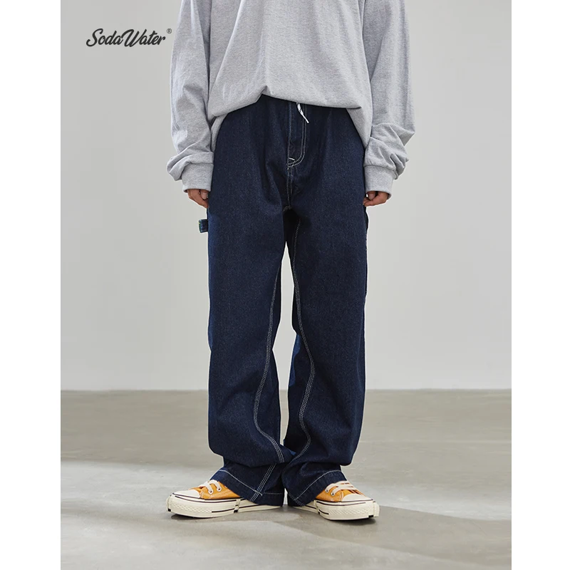 Sodaводяные мужские однотонные джинсы для мужчин Harajuku уличный стиль свободное джинсовое платье осень винтажные утепленные мужские джинсы 94195SS