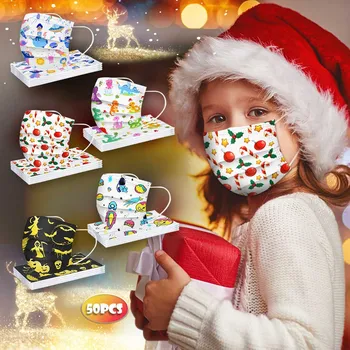 

4 Patterns 50pcs Child Disposable Christmas Printed Breathable 3ply Ear Loop One Time Non-woven Large Stock And Send Fast