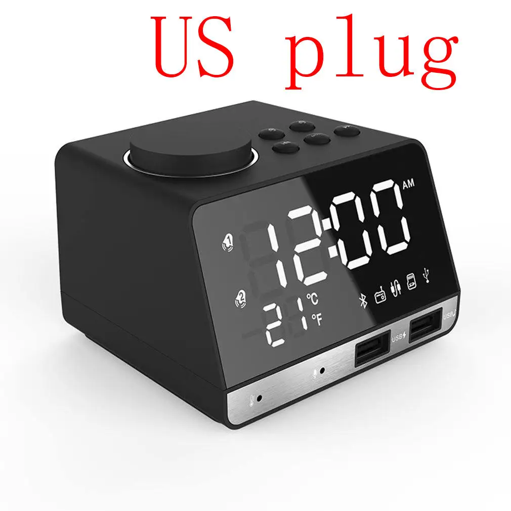 US plug Многофункциональный Bluetooth будильник динамик с двойным usb-интерфейсом зарядка аудио светодиодный зеркальные часы музыкальный дисплей настольные часы - Цвет: US plug