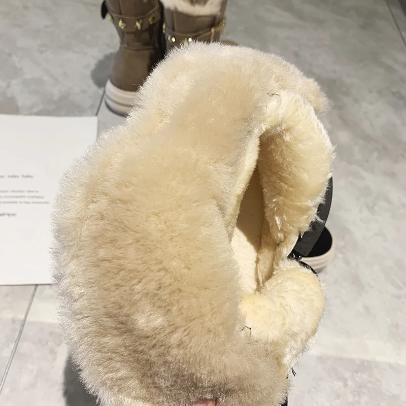 Fashion Mid-Calf Boots Women Winter Keep Warm Plus Velvet Short Boots Ladies Waterproof Women Shoes Belt Buckle Decoration