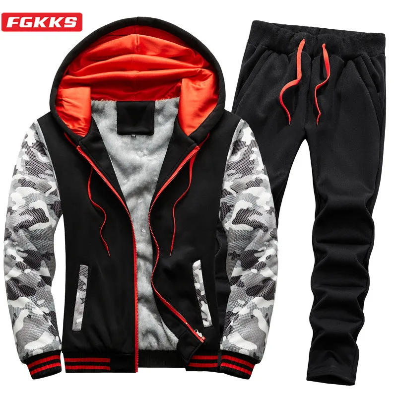 

FGKKS Winter Brand Men Fleece Warm Sets Men's Cardigan Hoodies + Pants Tracksuit Camouflage Casual Sportswear Set Male