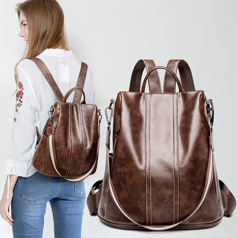 

Multi-functional Backpack 2019 New Style Retro Solid Color WOMEN'S Backpack Large Capacity Sheepskin Backpack Fashion on Behalf