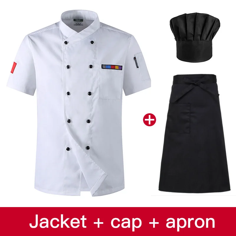 Дамы шеф-повара рубашки униформа официантки пальто шеф-повара унисекс белый дышащий двубортный шеф-повара работает куртка шеф-повара комбинезоны наряд - Цвет: jacket cap apron