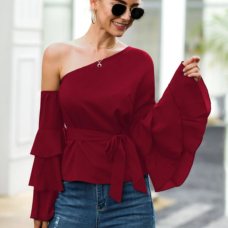 ruffled petals long-sleeved oblique shoulder chiffon shirt spring and fall tie waist solid color fashion Street clothing - Цвет: Wine red