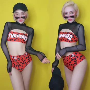 

Bar DS Costumes Women'S Nightclub DJ Female Singer Pole Dance Clothes GoGo Jazz Dance Costumes Red Leopard Print Set DWY2393