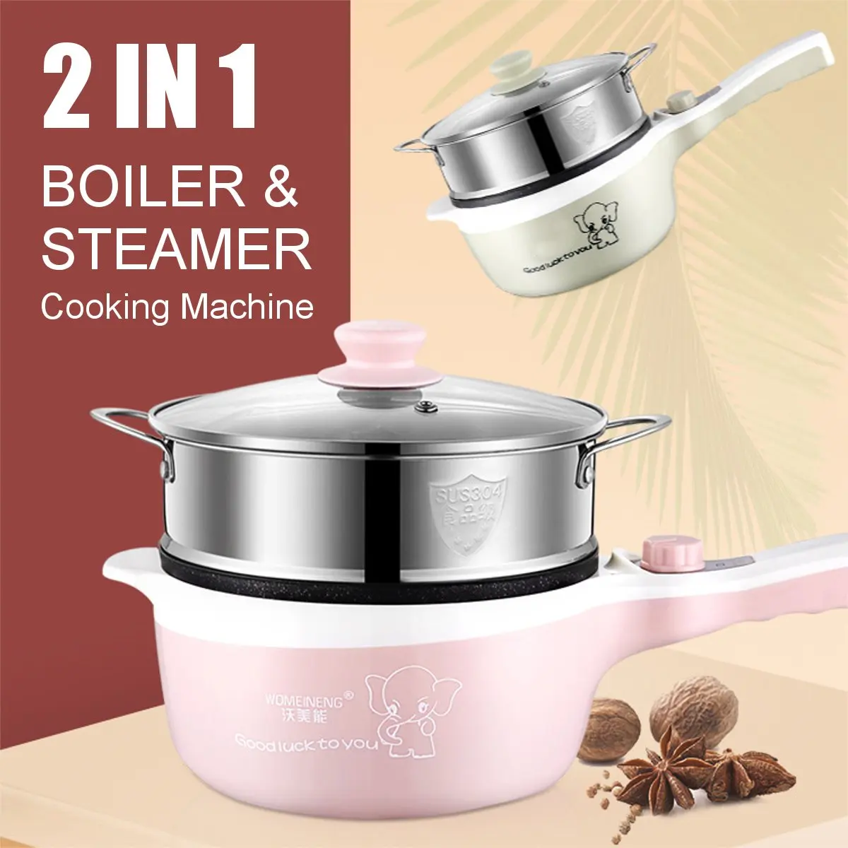 

Multifunction Electric Boiler Steamer 600W 220V Automatic Hot Pot Slow Cooker Steamer 2L+1L Dormitory Student Pot Kitchen Tools