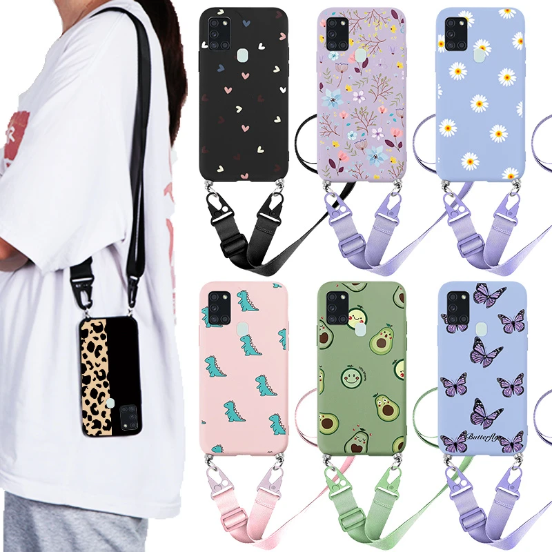 For Samsung A21S Fashion Silicone Necklace Strap Lanyard Cord Rope Chain Cases For Samsung Galaxy A21S A 21S A21 S Bumper Coque samsung cases cute