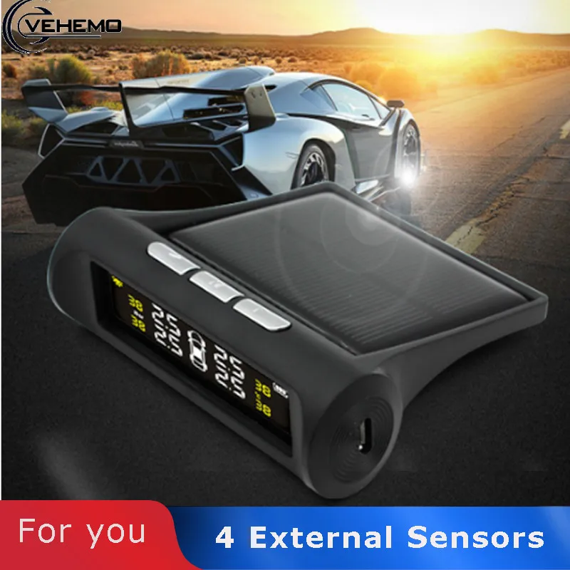 

Vehemo Solar Wireless TPMS LCD Car Security Tire Pressure Monitoring System 4 External Tyre Pressure Sensor Energy Motorcycle