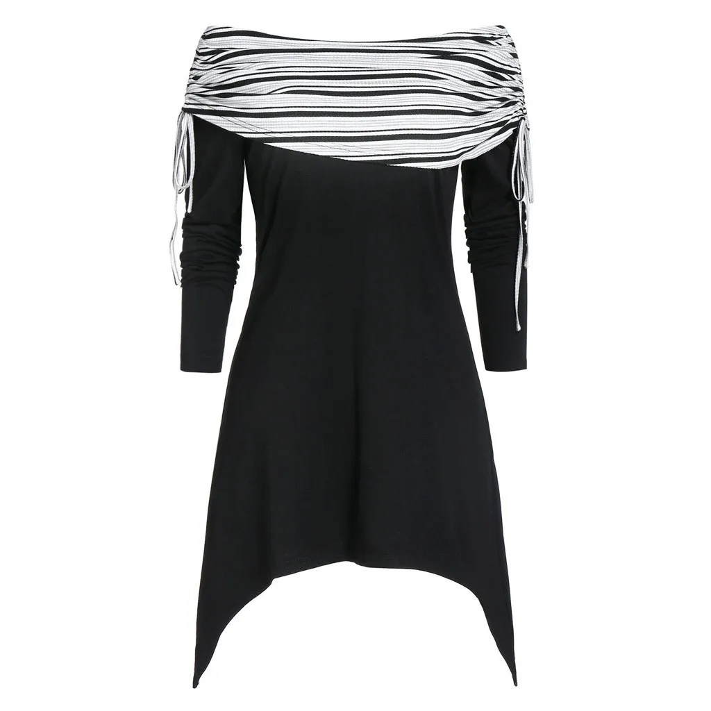 

New Tshirt Women Long Sleeve Long Foldover Collar Stripe Plus Size Irregular Hem Ruched Haut Camiseta Top Women Harajuku T Shirt