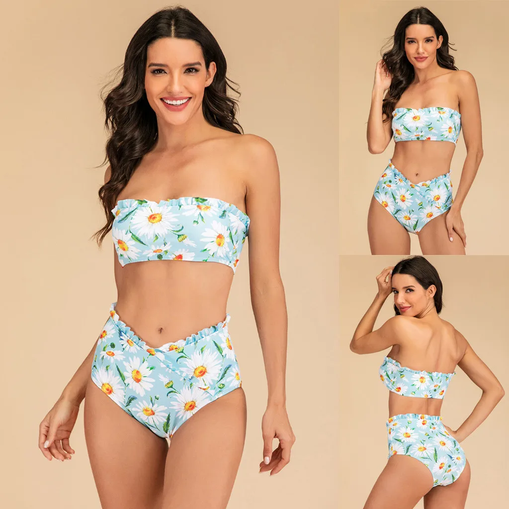 

2020 Latest Womens Swimming Costume Padded Swimsuit Off Shoulder Monokini Push Up Bikini Sets Floral Printing Swimwear Biquini