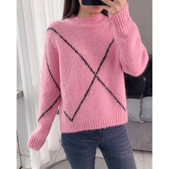

Women Sweater 2019 Autumn /winter New Pink Round Neck Pullover Jacquard Long-sleeved Women's Knitted Sweater