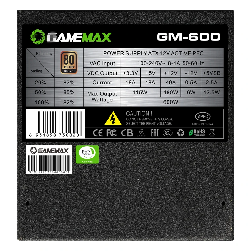 Блок питания для GameMax ATX12V полумодульный 80 плюс Бронзовый бесшумный блок питания для видеоигр 600 Вт блок питания GM-600