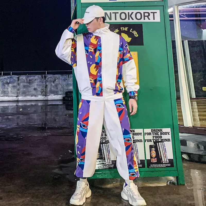 

2020 Men Coat Suit Hip-hop Sports Jacket Men Fashion Men Set Two-piece Set Splice Printed Loose Suit Male Street Dance Tracksuit