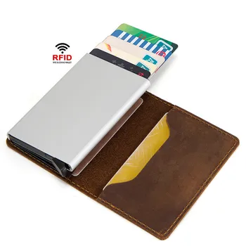 

Trendy Crazy Horse Leather Card Holder RFID Leather Automatic Card Case mini coin purses