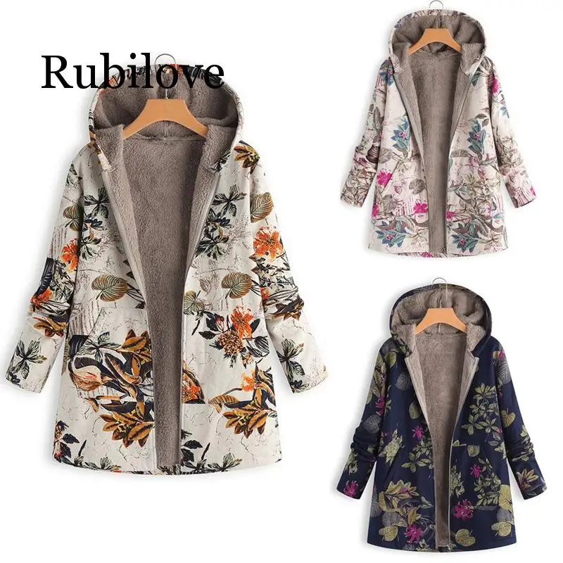 

Rubilove 5XL Plus Size Women Long Parkas Coats Vintage Floral Print Thick Fleece Jacket Winter Female Hooded Warm Outerwear