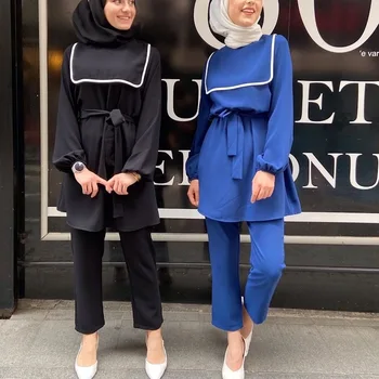 

WEPBEL Muslim Women's Clothing Set Solid Color Fashion New Summer Clothes Suit Full Sleeve Top + Long Pants