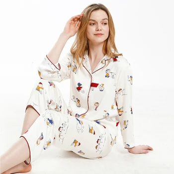 

New Cute Cartoon women Pajamas Puppy Printed Satin Sleepwear Loungewear Turn-down Collar Sleep Set Long Sleeve Home Clothes