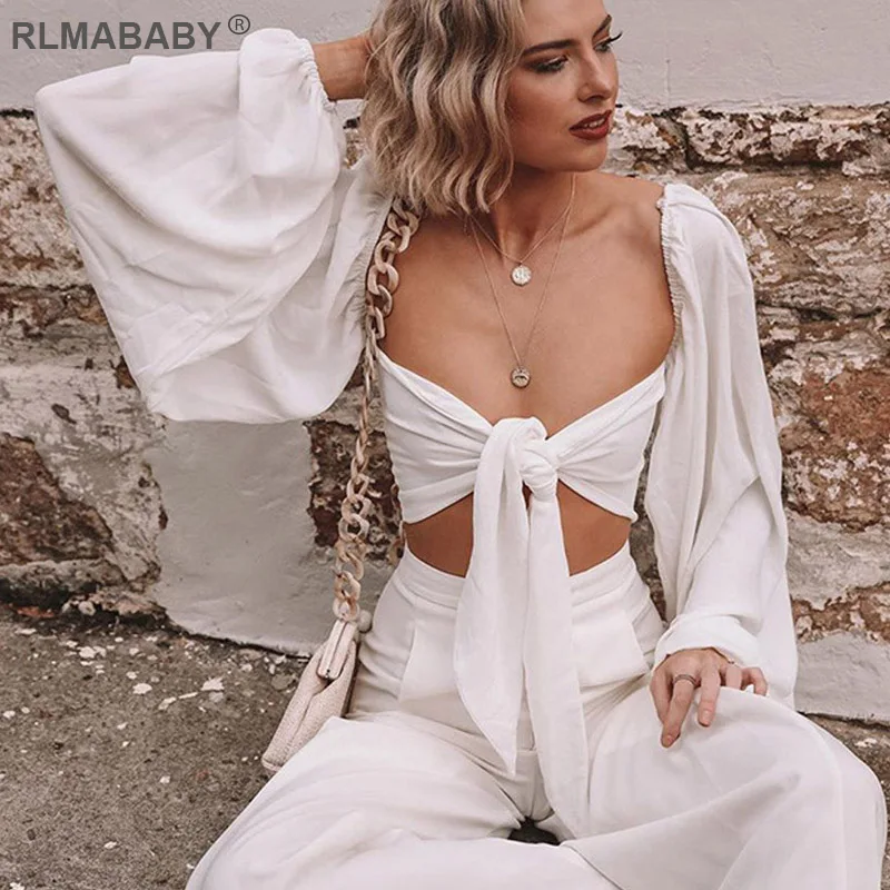 

RLMABABY Casual Lantern Sleeve Bandage Bow White Blouse Top 2020 Summer Strapless Backless Crop Top Sexy Women Short Blouse Tops