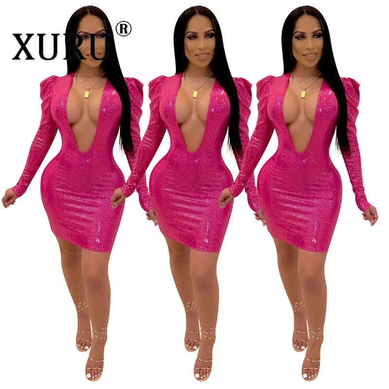 

XURU European and American Women's Sexy Nightclub Tight-fitting Deep V Sequin Dress 2020 Women's New Hot Dress