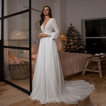 

Modest Lace Boho Wedding Dress Long Sleeves V Neck Bohemian Bridal Dresses A Line Chiffon Vestidos de Nova